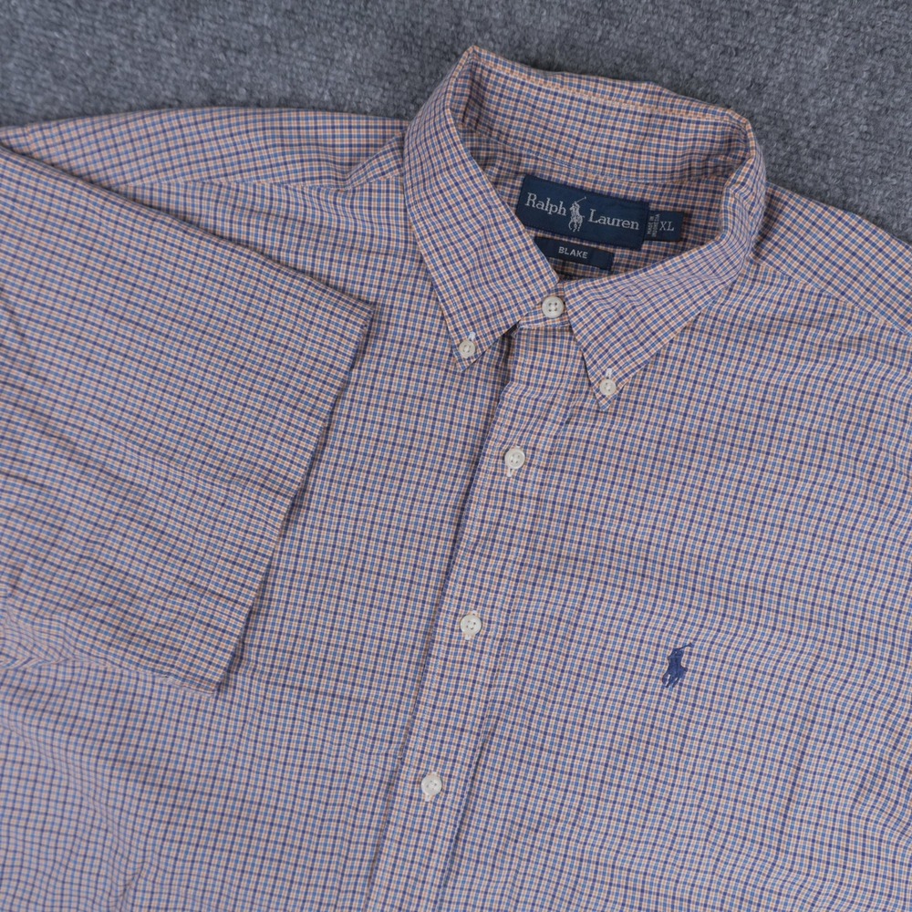 Ralph Lauren Button Down Mens XL Orange Blue Blake Micro Check Short Sleeve